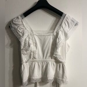 Women’s lace blouse 100% rayon back V-neck tie bow front square neck  white. M
